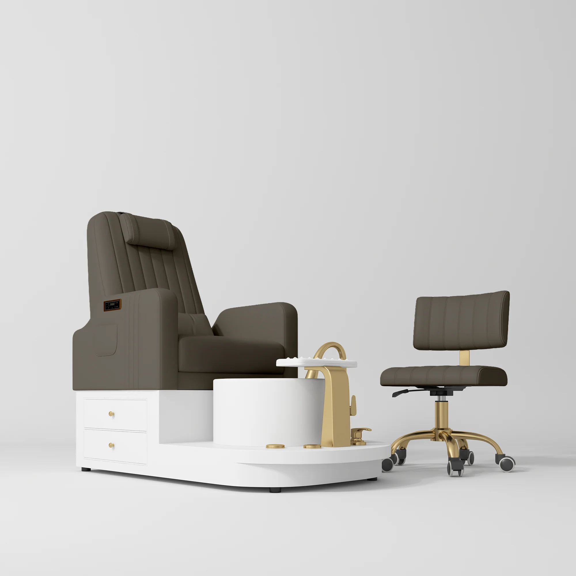 Manufakturo Noémie Luxury Electric Pedicure Chair with Matching Stool – Massage Backrest, Gold Tap, Cocoa Mocha