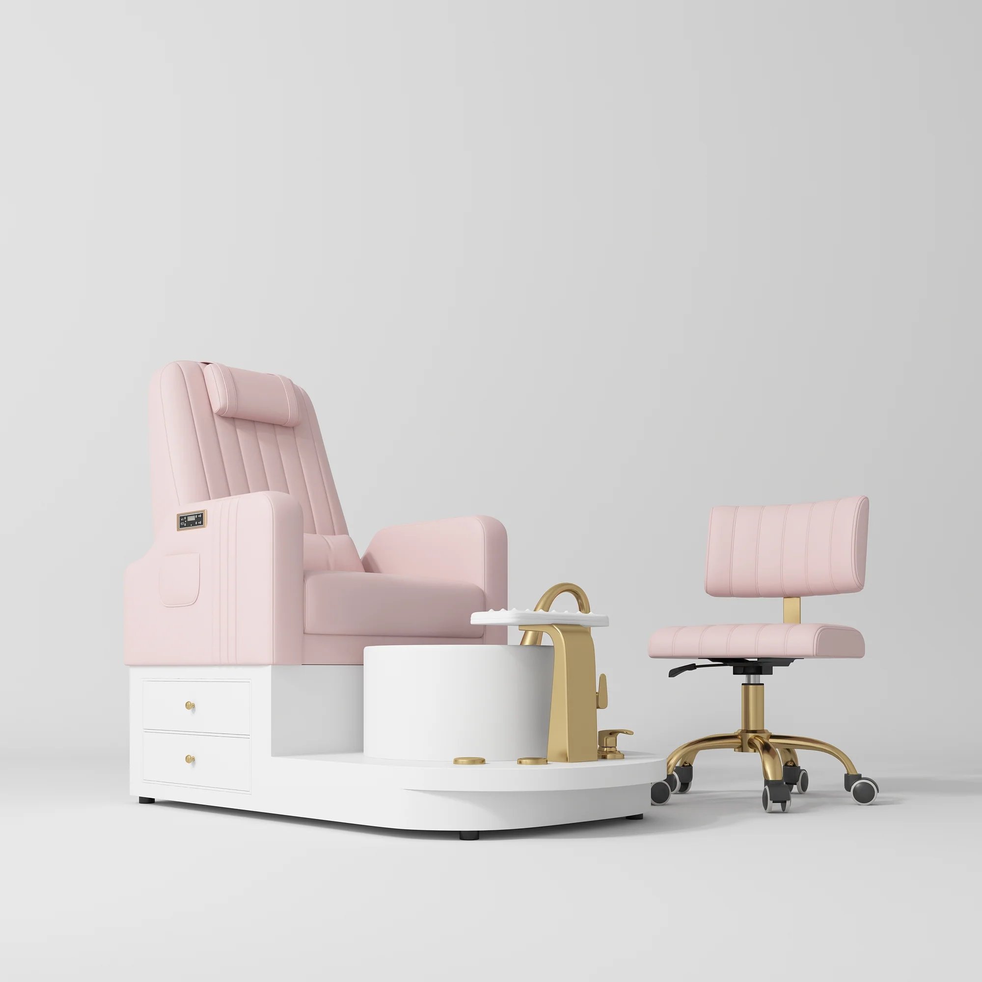 Manufakturo Noémie Luxury Electric Pedicure Chair with Matching Stool – Massage Backrest, Gold Tap, Light Pink
