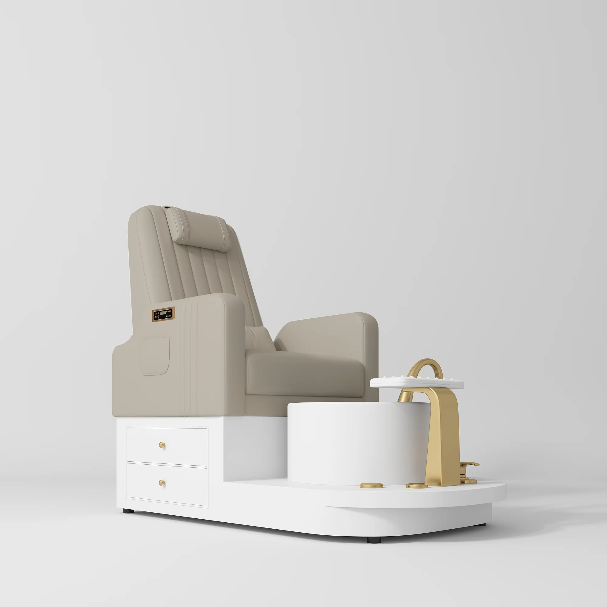 Manufakturo Noémie Stone Taupe Luxury Electric Pedicure Chair – Massage Backrest, Gold Tap, USB-C, Ceramic Basin