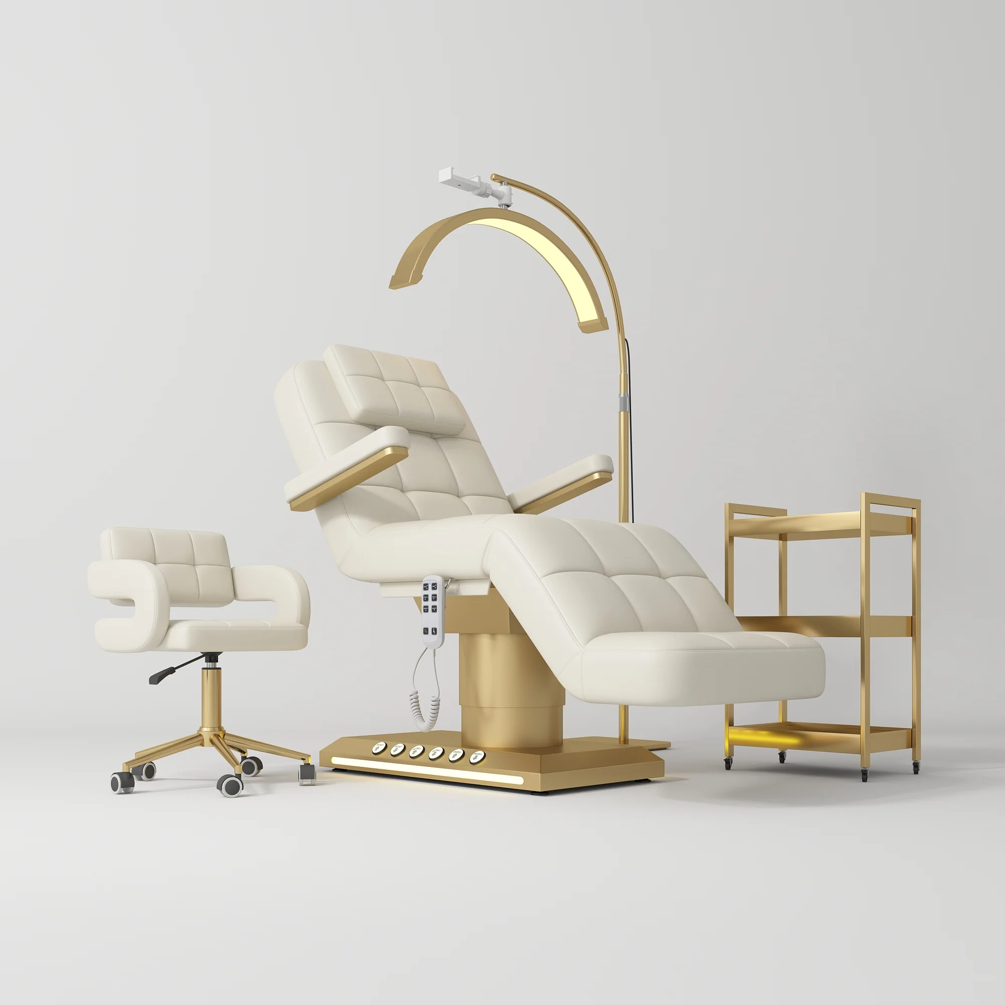 Manufakturo Saphir version B Creamy – 4-Piece Beauty Studio Set: Luxury Bed, Chair, Lamp & Trolley