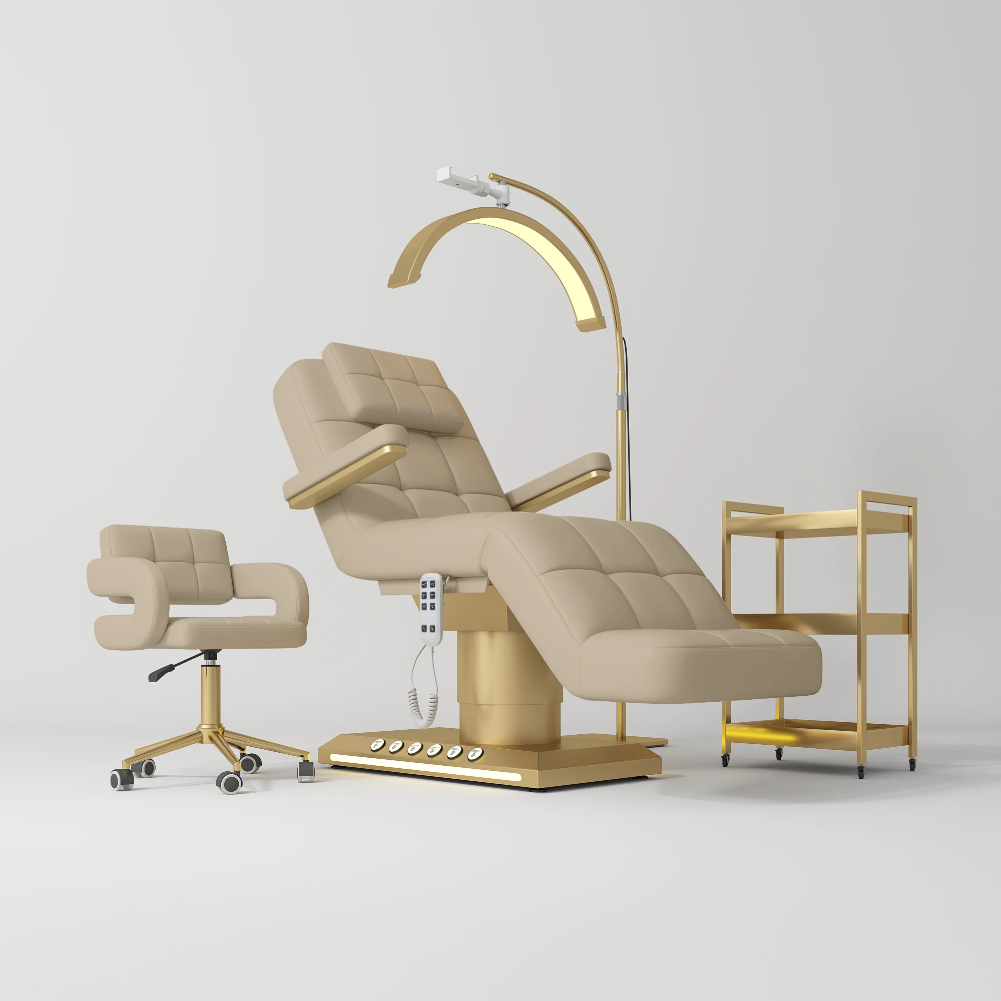Manufakturo Saphir version B Warm Beige – 4-Piece Beauty Studio Set: Luxury Bed, Chair, Lamp & Trolley
